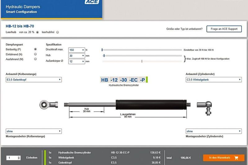 Mit dem erweiterten Online-Konfigurator können Anwender nun Ölbremsen und hydraulische Bremszylinder konfigurieren und im ACE Online-Shop bestellen. (ACE Stoßdämpfer)