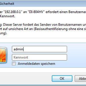 Schritt 1: Zur Konfiguration des Gerätes müssen wir einen Browser bereitstellen. Der Hersteller hat das Gerät in der Fabrikeinstellung mit der IP-Adresse 192.168.0.1 am LAN-Port konfiguriert. Der Verwaltungsrechner muss natürlich im gleichen IP-Segment sein. Wir haben unser Gerät, das später zum VPN-Server wird, mit der IP-Adresse 192.168.0.200 konfiguriert. Starten Sie den Webbrowser und greifen über http://192.168.0.1 auf die Konfiguration des DI-804HV zu. Nun müssen Sie sich anmelden. Der Anmeldename ist „admin“, das Passwort in der Voreinstellung ist leer. Sie sollten am Ende der Konfiguration nicht vergessen, ein Passwort einzutragen!