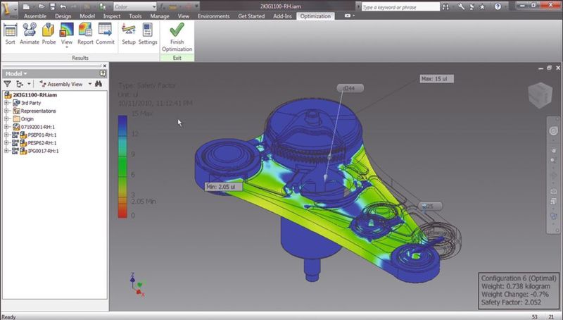 Mit dem in der Cloud zur Verfügung gestellten Dienst „Inventor Optimization“ lässt sich die Leistung unterschiedlicher Konstruktionsvarianten prüfen und simulieren, ohne den eigenen Desktop zu belasten.  (Bild: Autodesk)
