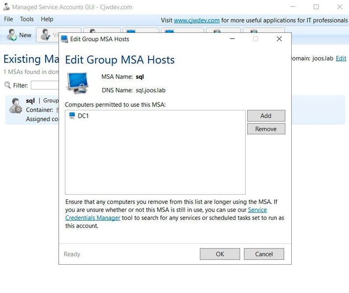 Managed Service Accounts GUI kann auf die Domänencomputer zugreifen. (Bild: Joos / CJWDEV)