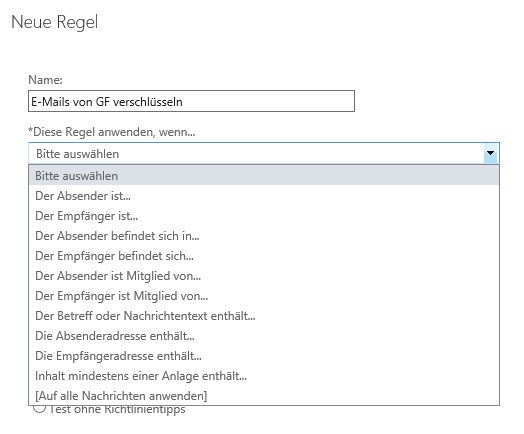 Im Fenster der neuen Regel muss ein Name eingegeben werden, zum Beispiel „E-Mails von GF verschlüsseln“.  Danach werden bei „Diese Regel anwenden, wenn“ die Kriterien ausgewählt, wann die E-Mail-Verschlüsselung greifen soll. Hier besteht auch  die Möglichkeit, mehrere Bedingungen hinzuzufügen. (Bild: Thomas Joos)