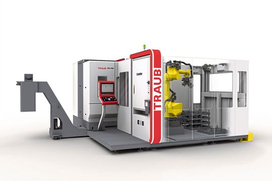 Das Dreh-Fräszentrum Traub TNX220 wird beim Index Open House mit der Automatisierungslösung iXcenter L präsentiert.(Bild:  Index Gruppe)