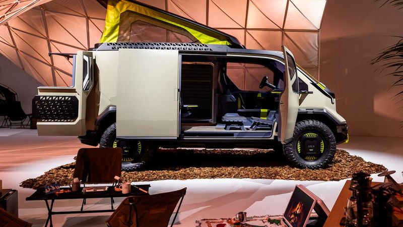 Kia zeigte auf der Design Week in Mailand eine Campingversion des kommenden E-Transporters PV5. (Bild: Kia)