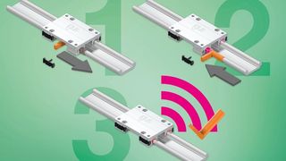 Wartungsbedarf vorausschauend erkannt mit der Smart Plastics Linearführung für Drylin Linearsysteme. Der intelligente Sensor misst Verschleiß der eingesetzten Lager und gibt rechtzeitig Alarm. Mit einer speziellen Technologie lässt sich das Lager schnell direkt auf der Schiene wechseln. (Igus)