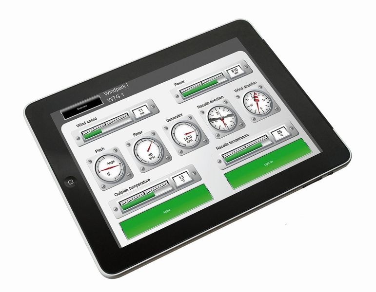 Moderne Visualisierungslösung auf einem Apple iPad: Cockpit zur Überwachung einer Windenergieanlage in reiner Webtechnik. (Bachmann Electronic)