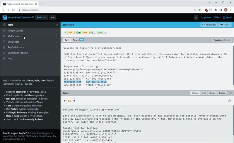 Ein simpler E-Mail-Ausdruck in RegExr.