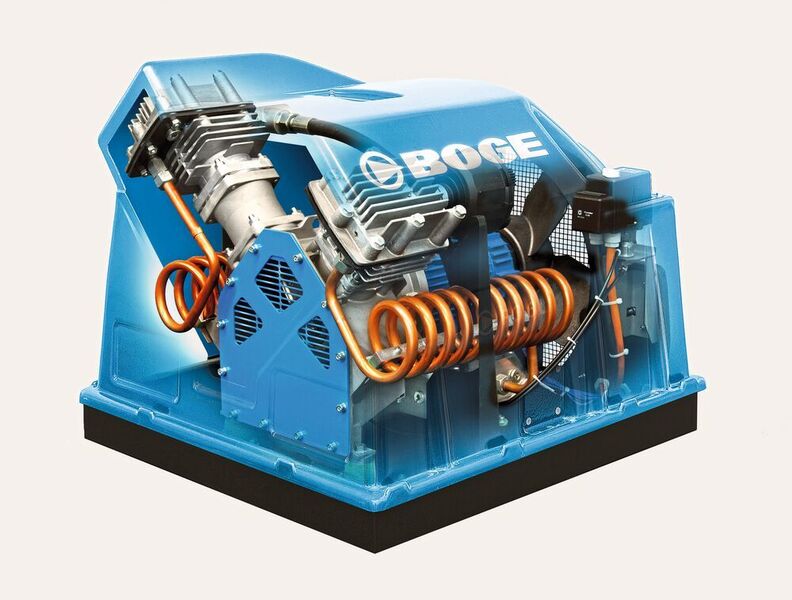 Innenleben des ölfreien Kolbenkompressors PO 6 L: Boge konzipiert seine Maschinen – als einer von wenigen Herstellern auch Kolbenkompressoren – so effizient, dass der Bund die Käufer fördert. (Boge)