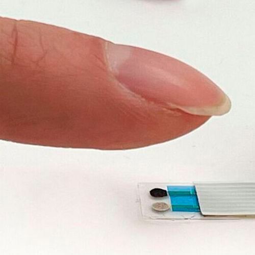 A tiny, touch-based sensor uses sweat to detect the level of lithium in the body. A tiny, touch-based sensor uses sweat to detect the level of lithium in the body.