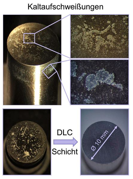 Bild 2: Oben sind Kaltaufschweißungen an einem unbeschichtetem Stempel nach 5000 Hüben in 3 mm Aluminiumblech zu sehen. Die unteren Bilder zeigen den unbeschichteten und den beschichteten Stempel nach 5000 Hüben im Vergleich. (Forschungsgesellschaft Umformtechnik)