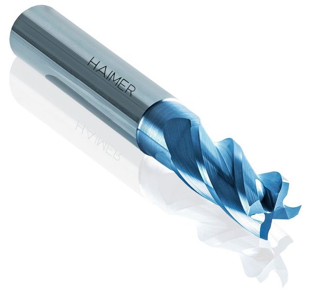 Die Basic-Mill-Vollhartmetall-Schaftfräser sind in fast allen Werkstoffen einsetzbar und eignen sich zum Nut-, Wälz- und Eckfräsen, ebenso zum Rampen bis 45 Grad und durch eine spezielle Stirnschneidengeometrie zum direkten Bohren. (Haimer GmbH)