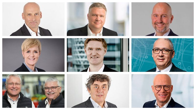 Von links oben: Lars Brickenkamp (CEO Schurter Holding AG), Robert Franz (CEO SVS-Vistek GmbH), Stefan Gierse (ab 1. April Schneider Electric Zone President DACH), Iris Bruckhaus (HR Vice President Schneider Electric DACH), Frank Meyer (Vorstand Robert Bosch GmbH), Vagner Rego (ab 1. Mai CEO Atlas Copco), Detlef Ruhmke (COO Vogelsang) und Michael Brinkmann (CSO Vogelsang), Beat Rünzler (Chief Administration Officer Bachmann), Fabian Kuttenkeuler (Vertriebsleiter Kontron Electronics GmbH).(Bild:  Schurter, SVS-Vistek, Schneider Electric, Bosch, Atlas Copco, Vogelsang, Bachmann, Kontron)