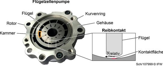 Bild 1: Der Aufbau einer Flügelzellenpumpe und die Darstellung der Kontaktfläche, an der es zu Reibungsverlusten kommt, wenn der Flügel sie berührt.(Bild:  IFW)
