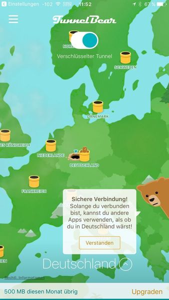 Nach der Anbindung an das VPN erhalten Anwender Informationen zum Status. (Joos / Tunnelbear)