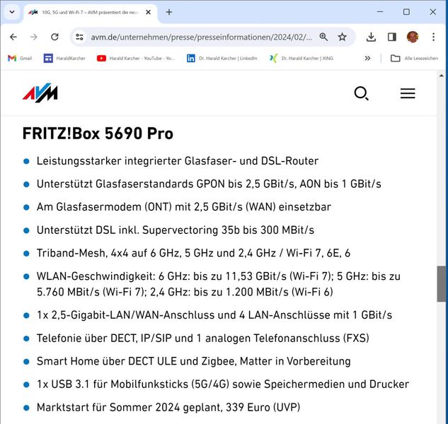 Die Fritzbox 5690 Pro versteht Glaskabel-Internet bis 2,5 GBit/s per GPON und bis 1 GBit/s per AON. (Bild: AVM)