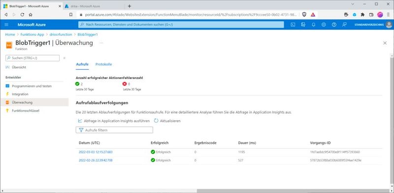 … sowie in der Azure-Function im Blob-Trigger im Abschnitt „Überwachung“. (Bild: Drilling / Microsoft)
