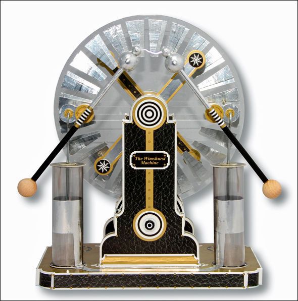 Die Wimshurst-Maschine: Für viele ist es die stärkste, für manche auch die einzige Erinnerung an den Physikunterricht: Zwei rotierende Platten mit Metallsegmenten, zwei silberbeschlagene Flaschen und zwei Stangen mit Kugeln an den Enden. Wenn gekurbelt wurde, schossen plötzlich helle und laut knatternde Blitze von einer Kugel zur anderen. Und wenn sich ein mutiger Mitschüler fand,  konnten ihm die Haare zu Berge stehen. Es geht also um 