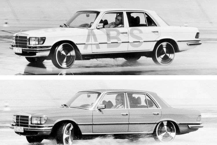 Besser bremsen: Mercedes-Benz-S-Klasse-Limousinen der Baureihe 116 auf der Einfahrbahn in Stuttgart-Untertürkheim, 1978. Das obere Fahrzeug mit Anti-Blockier-System (ABS) bleibt lenkbar, das untere ohne ABS rutscht unkontrolliert weiter, trotz voll eingeschlagener Vorderräder. (Daimler AG)