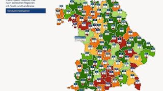 Die abgebildete Landkarte zeigt exemplarisch die Anzahl der in der ambulanten Versorgung teilnehmenden Radiologen in Bayern. Per Mouseover können User die Anzahl der Einwohner pro radiologischer Praxis sehen. Jedes Gebiet kann auch hinsichtlich anderer Merkmale angezeigt werden.  (Rebmann Research)