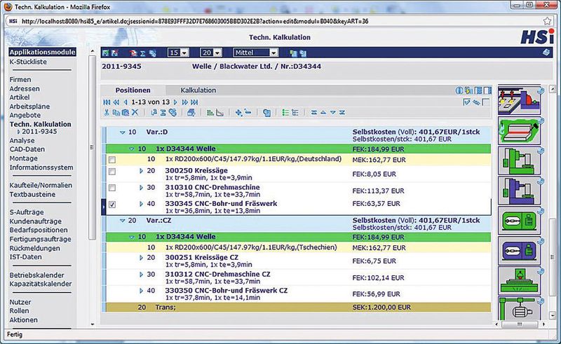 Bild 1: Im Modul Hskalk/TK lassen sich technische und länderspezifische Kalkulationsvarianten erzeugen: hier der Vergleich Deutschland mit Tschechien.  (Bild: HSI)