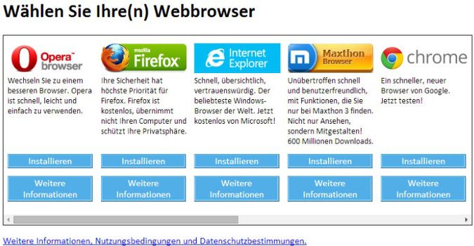 Browserkrieg, die Zweite: Nach 2009 erteilten Vorgaben der EU-Kommission musste Microsoft bei der Installation von Windows 7 Nutzern die Möglichkeit zur Installation anderer Broswer als dem hauseigenen Internet Explorer geben. Nach Ablauf der Auflagen schaltete das Unternehmen diese Auswahlfunktion wieder ab. (Bild: Screenshot/browserchoice.eu (Archiv))