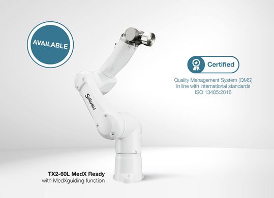 Der TX2-60L MedX Ready ist ein kompakter, steifer Sechsachs-Roboter, der für höchste Präzision bei kritischen Eingriffen ausgelegt ist und gleichzeitig die Hygiene-, Sicherheits- und Integrationsanforderungen von Operationssälen und medizinischen Gerätesystemen erfüllt.(Bild:  Stäubli)