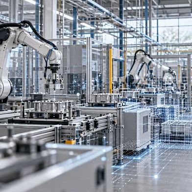Räumliche KI in der Fabrik: Spatial AI verknüpft Sensordaten mit dreidimensionalen Umgebungsmodellen und soll so Maschinen, Robotern und Automatisierungssystemen helfen, Produktionsabläufe besser zu verstehen. (Bild: KI-generiert)