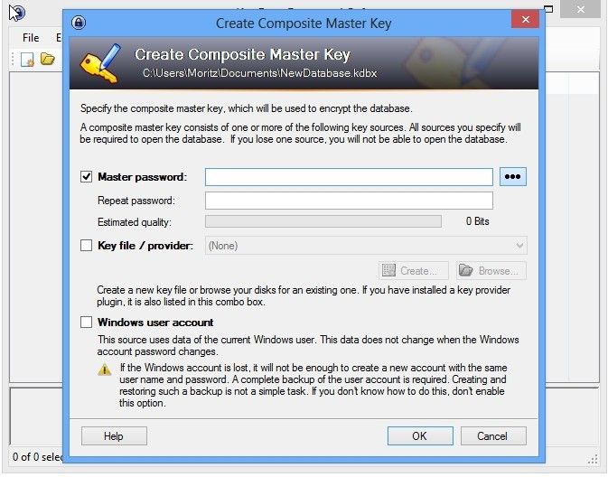 Neue Datenbanken sichert KeePass mit einem Kennwort, einer Schlüsseldatei oder einem Windows-Nutzerkonto – letzteres allerdings nur in der Programmversion 2.x. (Bild: VBM)