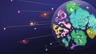 Diese „Landkarte der Neuronentypen“ zeigt symbolisch die Ordnung der Nervenzellen im motorischen Kortex der Maus: Die großen genetischen Familien sind klar voneinander zu unterscheiden, wie Länder auf einer Karte. Innerhalb jeder Familie zeigen die Neuronen – hier abgebildet als weiße Punkte - jedoch mit Blick auf ihre wichtigsten Eigenschaften fortlaufende Veränderungen. (Franz-Georg Stämmele und Dmitry Kobak/ Universität Tübingen)