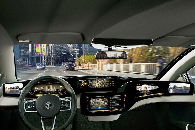 Futuristisches Cockpitkonzept von Conti mit großen Glasflächen für alle Anzeigen. Das dreidimensionale Touchdisplay wurde mit dem 