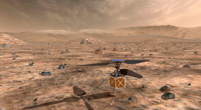 Eine künstlerische Darstellung des Mars-Helikopters. Die Drohne ist gerade einmal handballgroß. (NASA)