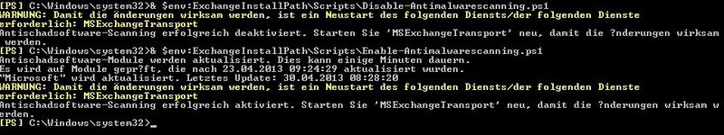 Über Skripte lässt sich der integrierte Virenschutz auch deaktivieren: „& $env:ExchangeInstallPath\Scripts\Disable-Antimalwarescanning.ps1“. Die Aktivierung erfolgt über das Skript „& $env:ExchangeInstallPath\Scripts\Enable-Antimalwarescanning.ps1“. (Bild: Archiv)
