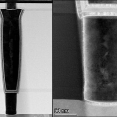 Left image: Vertical 3D FeFET memory structure with stacked cell/wordline regions of the novel transistors. Right image: SEM close-up of a nanoscale ferroelectric memory cell or capacitor structure. The improved FeRAM technologies presented by Imec are designed to enable lower operating voltages through optimized ferroelectric layers and higher storage density through vertical 3D integration. (Image:Imec)