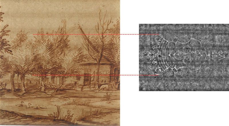 Foto einer Handzeichnung von Jan Lievens aus der Rembrandt-Schule (links). In dieser Durchlichtaufnahme ist das bekrönte Lilienwappen als Wasserzeichen im Gegensatz zu der Thermographieaufnahme (rechts) nicht zu erkennen. (Bild: Herzog Anton Ulrich-Museum, Braunschweig)