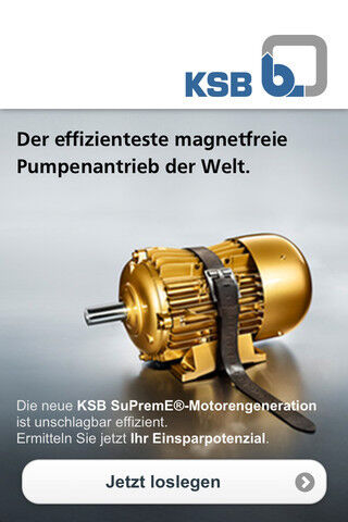 Diese App berechnet die Energieeinsparung des Synchron-Reluktanzmotors KSB Supreme gegenüber anderen Elektromotoren für Pumpen. (Bild: itunes.apple.com)