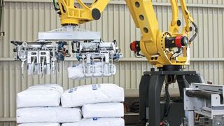 Am Ende steht eine Palette mit ordentlich verpackter Sackware. Der Weg dorthin kann allerdings einige Sonderlösungen, wie hier im Bild der speziell konstruiert Greifer, umfassen. (Beumer)