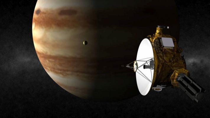Mission New Horizon: New Horizon trifft Jupiter 2007; New Horizons soars past Jupiter as the volcanic moon Io passes between the spacecraft and planet (Bild: NASA)