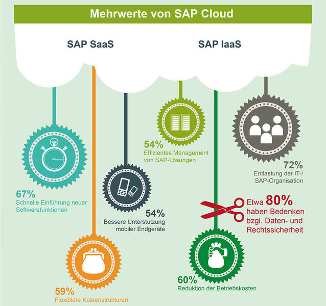 Rund zwei Drittel der befragten Unternehmen sehen bei SAP SaaS die schnelle Einführung neuer Softwarefunktionen als Vorteil. Kehrseite der Medaille: etwa 80 Prozent haben Bedenken bezüglich Daten- und Rechtssicherheit. (Bild: Pierre Audoin Consultants)