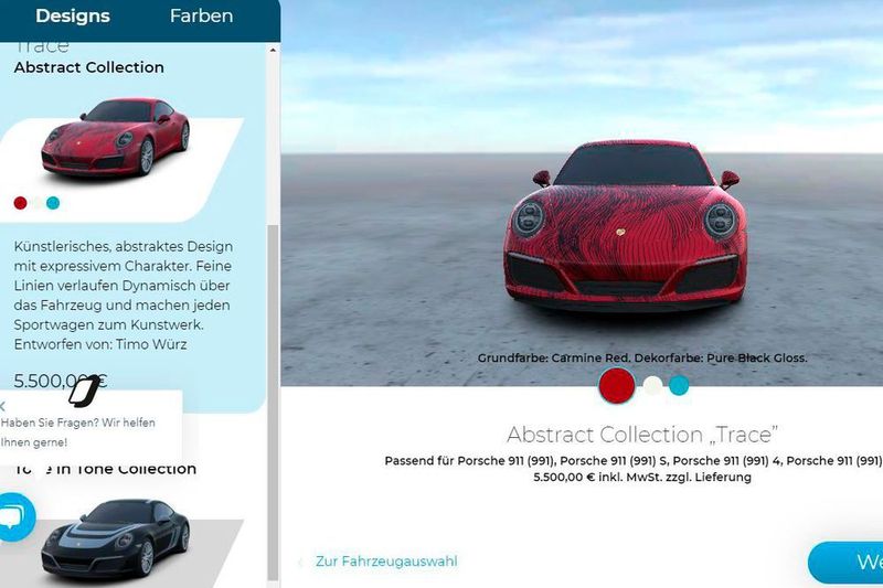 Der Folierungs-Service „Second Skin“ von Porsche startet im Juli 2019. Vormerkungen sind ab sofort möglich. (Screenshot https://www.secondskin.design/configurator/)
