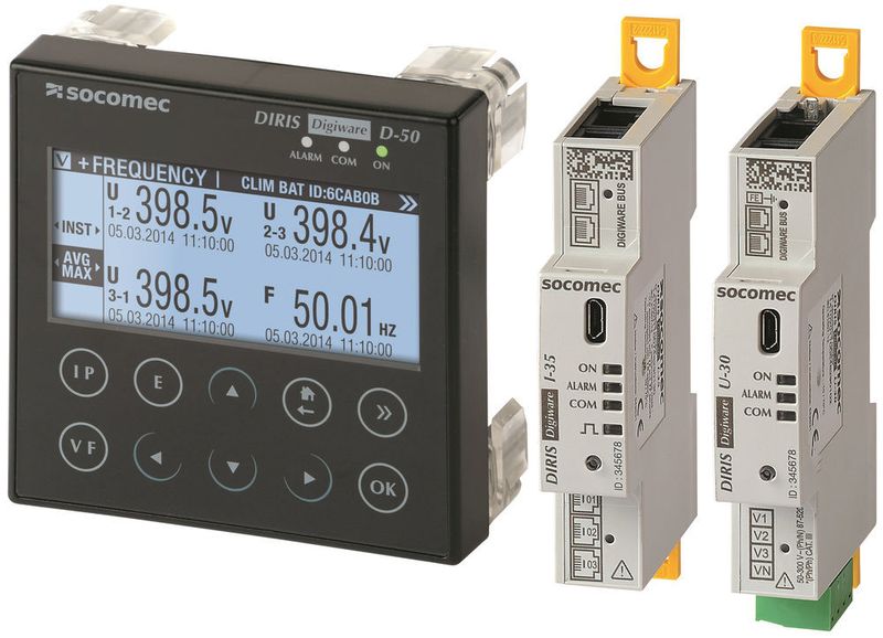 Das Bild zeigt v.l.n.r. die Steuerungs- und Versorgungsschnittstelle Diris Digiware D, das Modul zur Strommessung Diris Digiware 1-4x und das Modul zur Spannungsmessung Diris Digiware U-x. (Socomec)