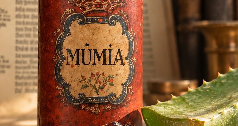 Se han detectado componentes del aloe en materiales históricos; indicios de relaciones entre objetos de museo (La imagen contiene elementos de diseño generados por IA, entre ellos el fondo de la biblioteca, el suelo, la planta de aloe y el exudado seco). Imágenes originales de la ilustración: fuente textual histórica «Von der rechten wahrhaften Mumia», Joachim Strüppe, Fráncfort, 1574. Imagen original del recipiente de Mumia vera: Dra. Claudia Sachße, Museo Alemán de Farmacia de Heidelberg.)(Imagen: Dra. Claudia Sachße, Museo Alemán de Farmacia de Heidelberg, complementado con IA)