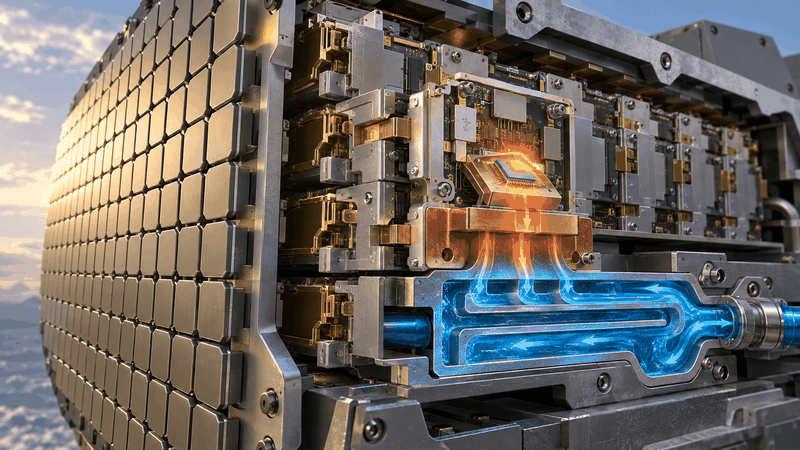 RF output and heat rejection share the same module. Conceptual illustration of a radar array and its thermal path; not a product photograph.(Source:  KI-generiert / Imagen)
