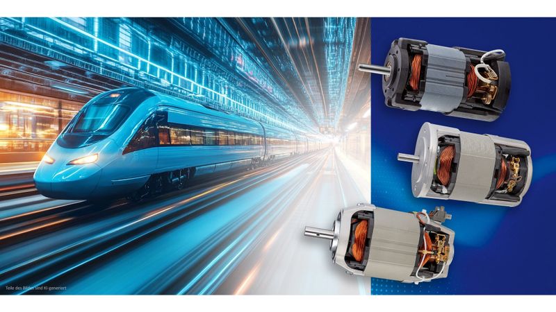 Groschopp bietet ein breites Portfolio an Gleichstrommotoren für die Bahntechnik und passt diese nach Kundenwusch an(Bild:  KI-generierter Hintergrund mit Adobe Firefly; Produktabbildungen: Groschopp)