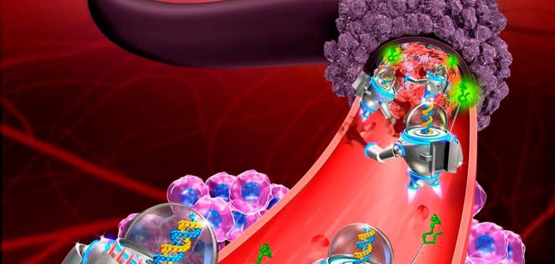 Nano-Bots gekämpfen Tumor-Zellen – Wissenschaftler der Arizona State University (ASU) und des National Center for Nanoscience and Technology (NCNST) haben erfolgreich Nanoroboter programmiert, um Tumore zu schrumpfen, indem sie ihre Blutversorgung unterbrechen. Die Bausteine für den Bau ihrer Strukturen beziehen die Forscher aus DNA, die sich in alle möglichen Formen und Größen selbst falten kann - alles in einem Maßstab, der 1.000-mal kleiner ist als die Breite eines menschlichen Haares. Eine große Schwierigkeit in der Nanomedizin bestand darin, Nanomaschinen zu bauen und kontrollieren, die aktiv nach Krebsgeschwülsten suchen und diese zerstören, ohne dabei gesunde Zellen zu schädigen. (Baoquan Ding / Hao Yan)
