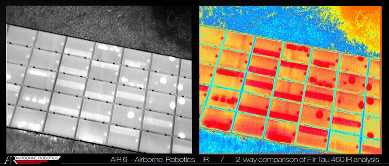 Aufnahme von Solarpanels aus der Luft mit einem Air6 Flugroboter. Defekte Zellen in Solarpanels erscheinen bei einer Wärmebildaufnahme heller als die Umgebung, da sie sich durch den elektrischen Widerstand erwärmen (im Farbbild rot erkennbar). (Airborne Robotics)