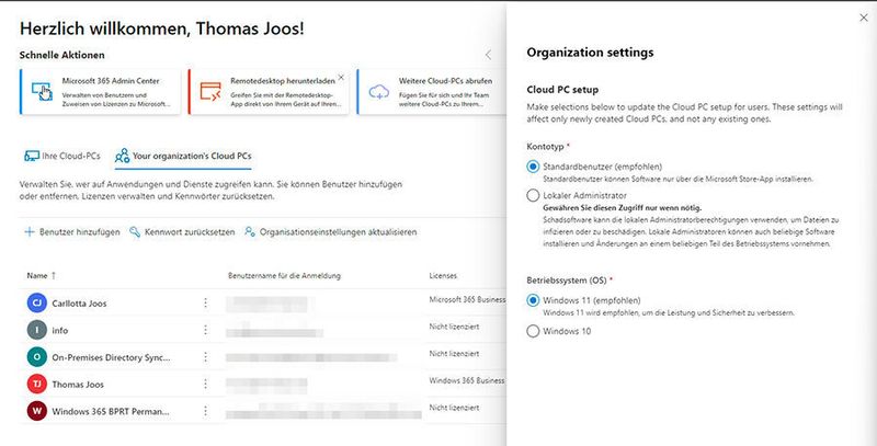 In den Einstellungen der Organisation kann Windows 11 als Standardbetriebssystem zum Einsatz kommen, Windows 10 bleibt aber erhalten.  (Joos)