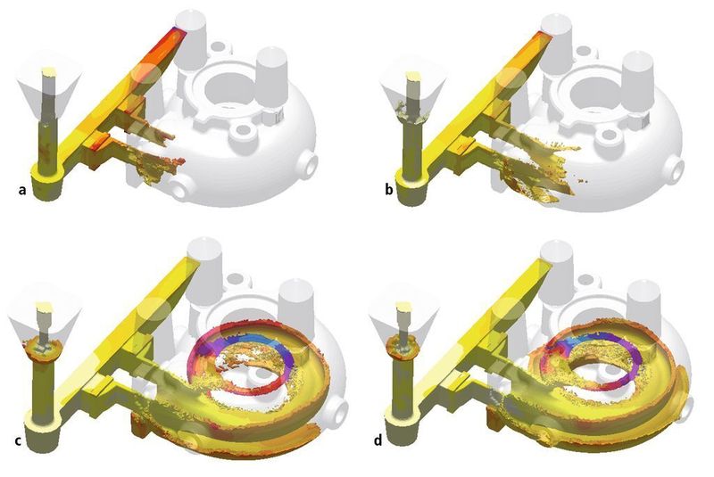 Bild 2: In nur einem Programmfenster lässt sich eine simulierte Formfüllung (Sandguss, Pumpengehäuse) zu verschiedenen Zeitpunkten (a 0,91 s, b 1,02 s, c 2,19 s, d 2,60 s) miteinander vergleichen. Bild: von Roll Casting (Archiv: Vogel Business Media)