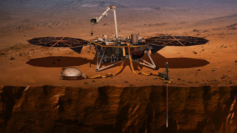 Nach ihrem Start am 5. Mai landete die NASA-Sonde InSight am 26. November 2018 etwas
nördlich des Marsäquators und entfaltete seine Solarpanele (künstlerische Darstellung). (NASA/JPL-Caltech)