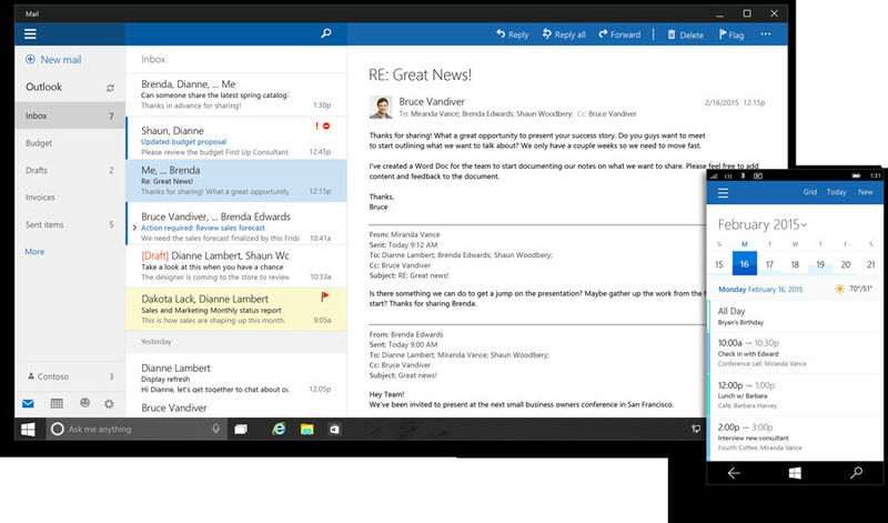 Outlook für Windows 10 bietet auf Smartphones und Tablets alle Funktionen der Desktop-Version. (Bild: Microsoft)