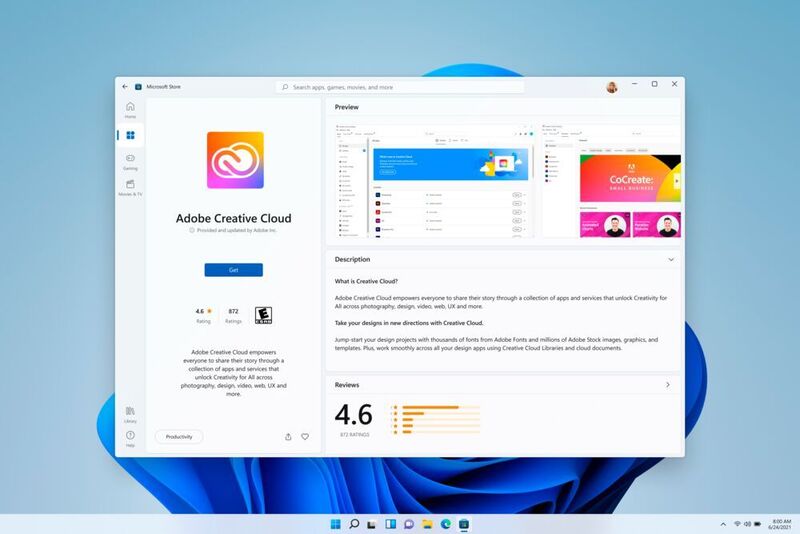 Auch die Adobe Creative Cloud wird unter Windows 11 im Store zu finden sein. (Microsoft)