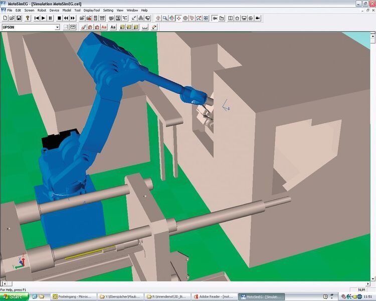 Moto-Sim ermöglicht den schnellen Aufbau und die Analyse von Anlagenlayouts. Die integrierte 3D Hoops Graphic Engine gewährleistet dabei eine hochwertige grafische Darstellung. (Yaskawa)